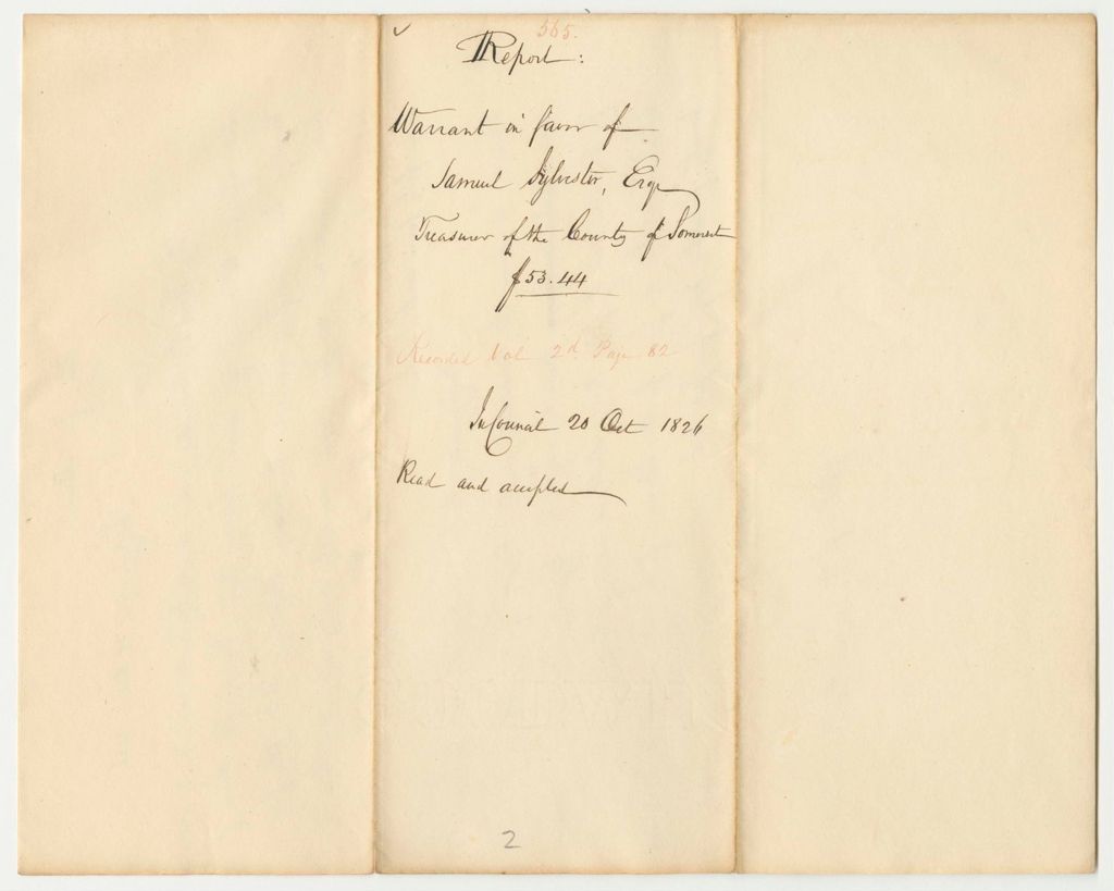 Miniature of Report 565: Report on the Warrant in Favor of Samuel Sylvester, Esq., Treasurer of Somerset County