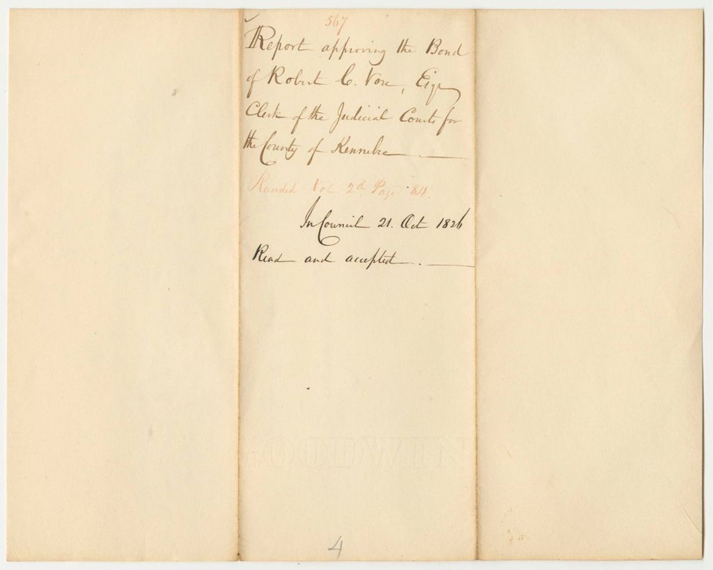 Miniature of Report 567: Report Approving the Bond of Robert C. Vose, Esq., Clerk of the Judicial Courts for Kennebec County
