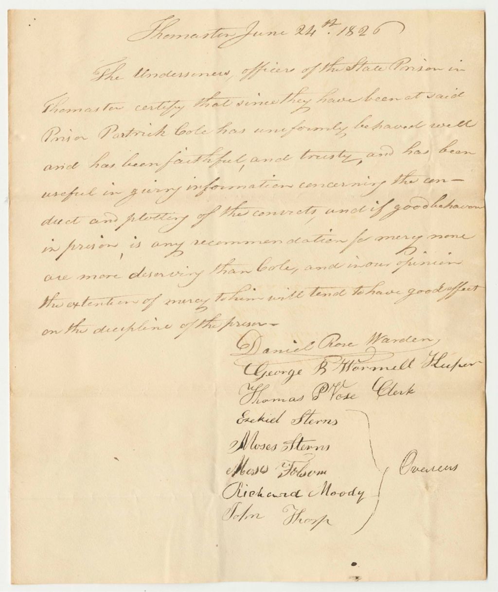 Miniature of Petition of Patrick Cole for a Pardon