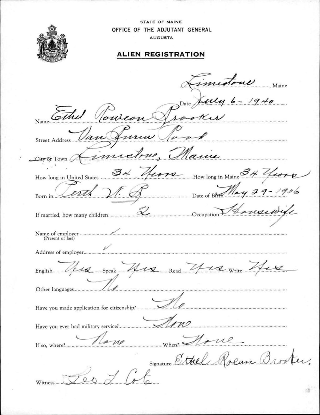 Miniature of Alien Registration- Brooker, Ethel R. (Limestone, Aroostook County)
