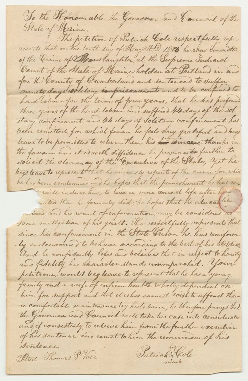 Miniature of Letter from Patrick Cole Regarding the Petition for His Pardon and Warden Daniel Rose's Certification of Patrick Cole's Conduct in Prison