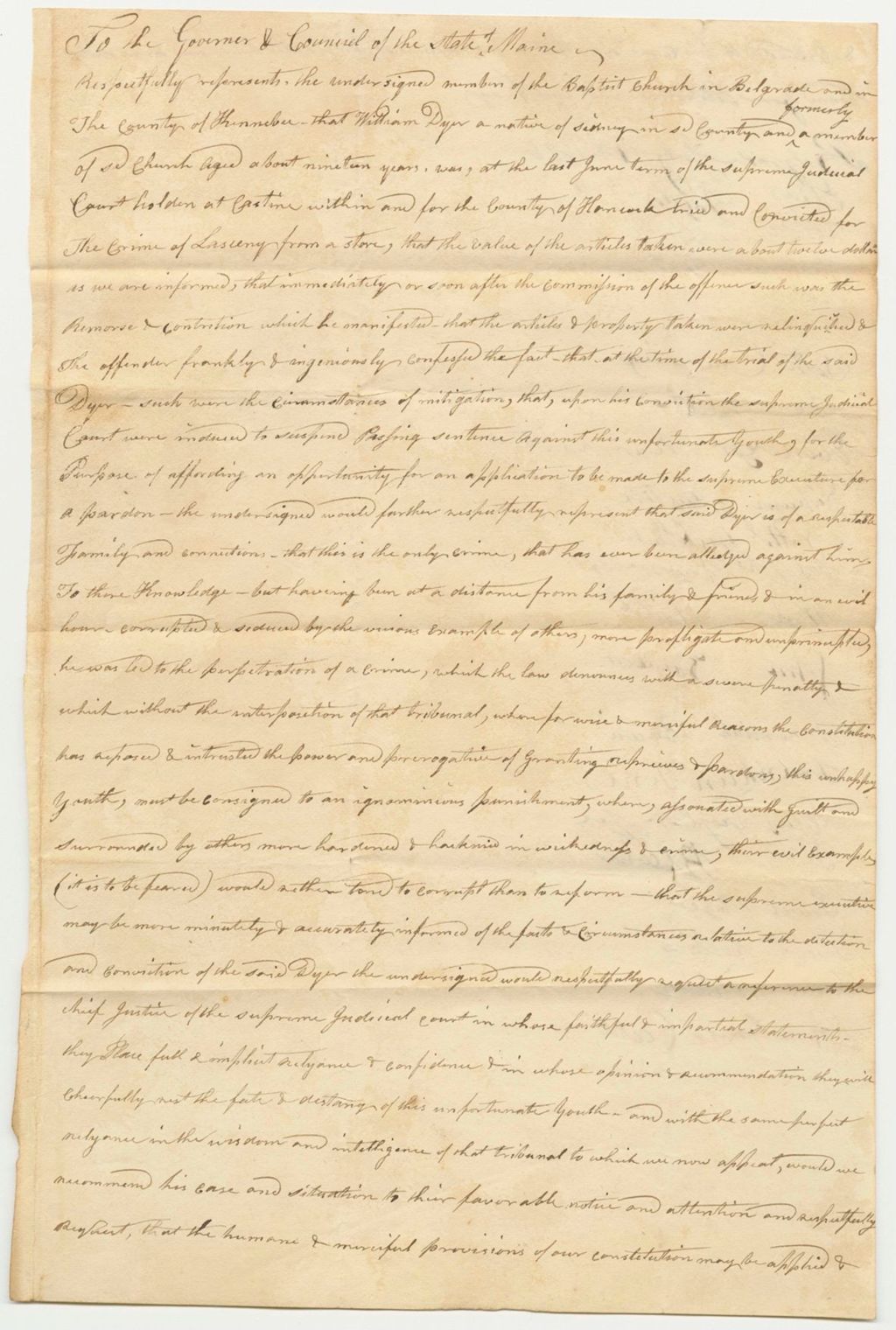 Miniature of Petition of the Members of the Baptist Church in Belgrade for the Pardon of William Dyer