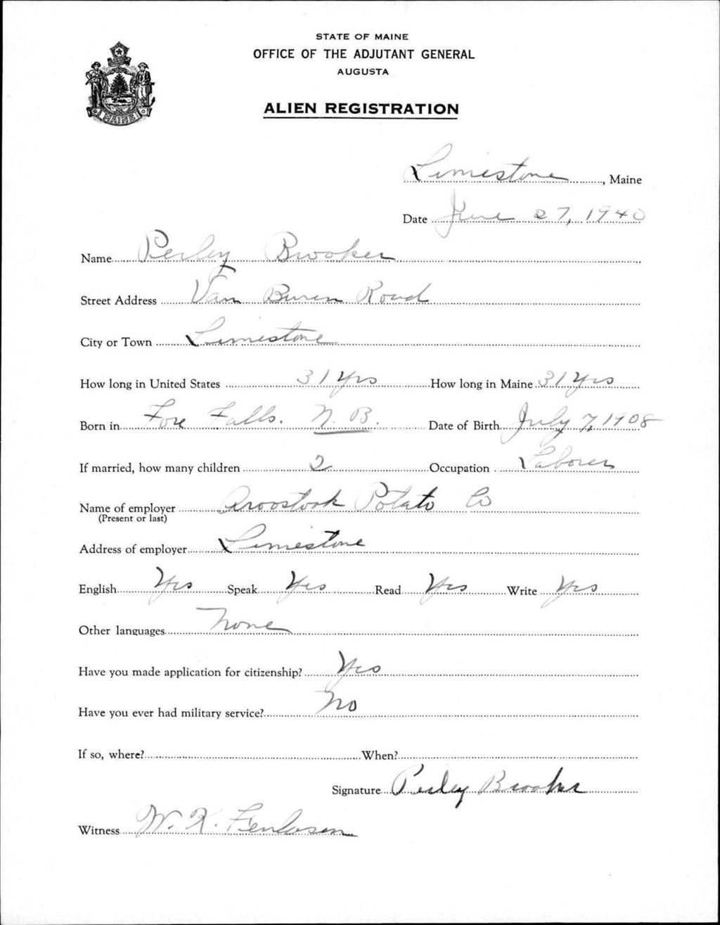 Miniature of Alien Registration- Brooker, Perley (Limestone, Aroostook County)