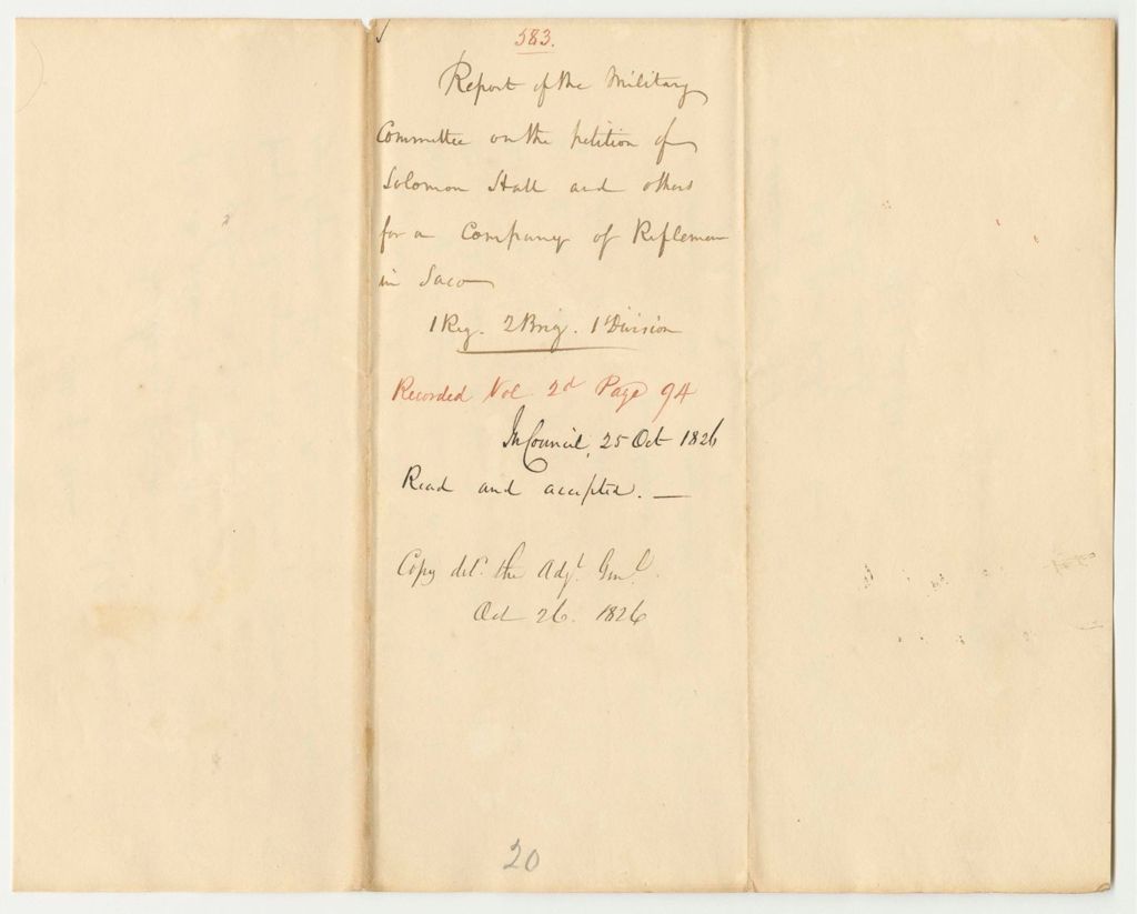 Miniature of Report 583: Report on the Petition of Solomon Hall and Others for a Company of Riflemen in Saco