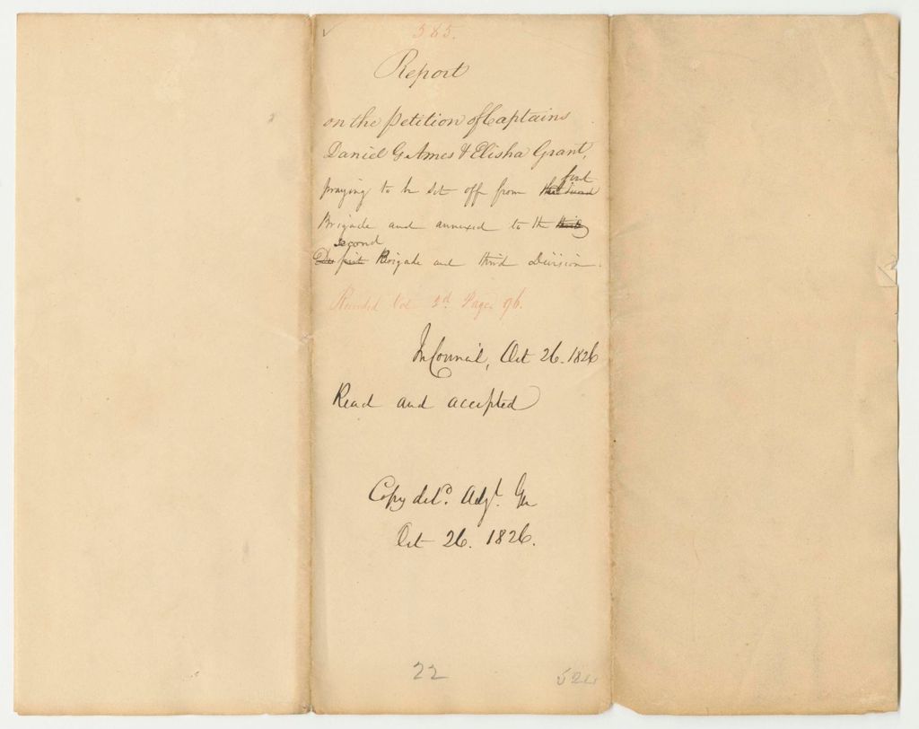 Miniature of Report 585: Report on the Petition of Captains Daniel G. Ames and Elisha Grant Praying to be Set Off from the 1B. and Annexed to the 2B. And 3D.