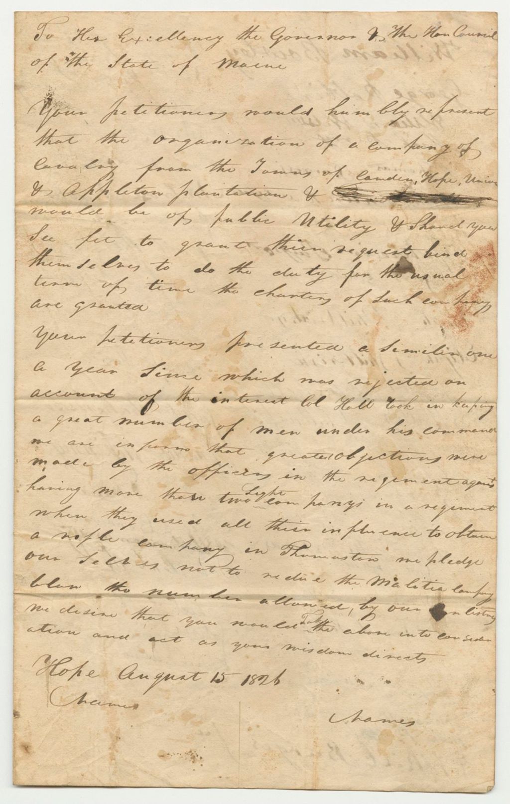 Miniature of Petition of William Bowley and Others for a Company of Cavalry in the Towns of Camden, Hope, Union, and Appleton Plantation