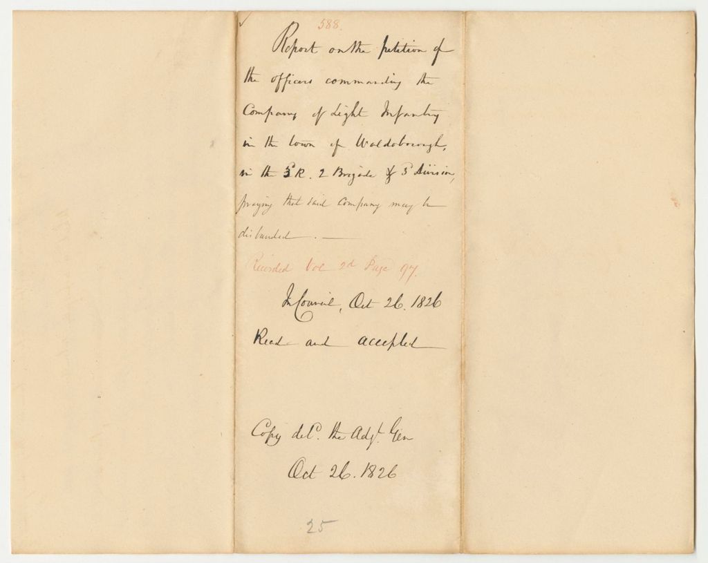 Miniature of Report 588: Report on the Petition of the Officers Commanding the Company of Light Infantry in the Town of Waldoborough Praying That Said Company May Be Disbanded