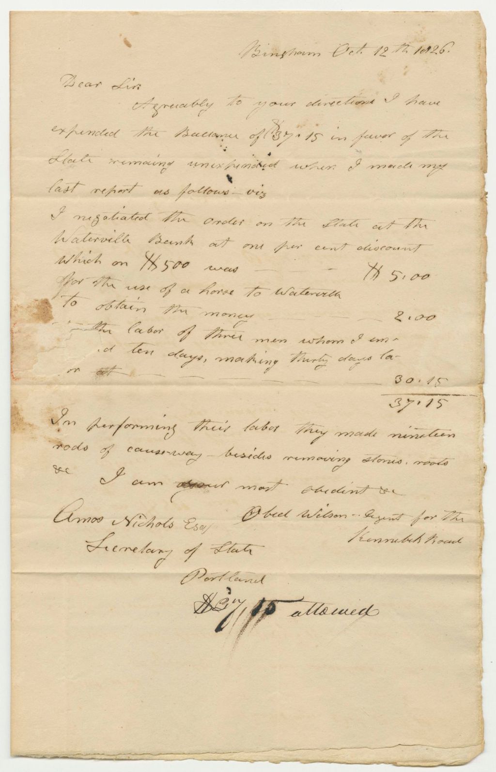 Miniature of Report of Obed Wilson, the Agent Appointed to Expend the Appropriation Made for the Repair of the Kennebec Road