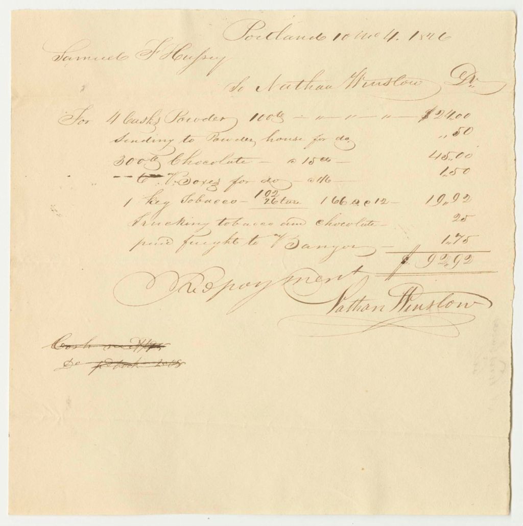 Miniature of Nathan Winslow Bill for Powder, Chocolate, and Tobacco