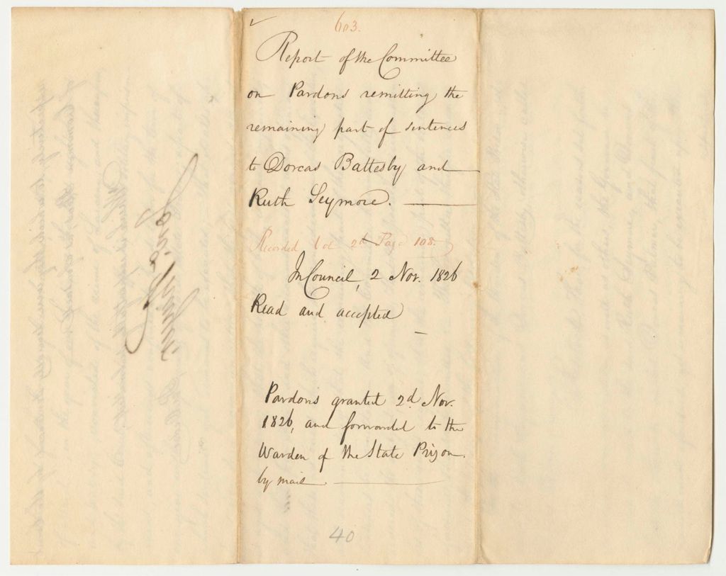 Miniature of Report 603: Report Remitting the Remaining Part of Sentences to Dorcas Battesby and Ruth Seymore