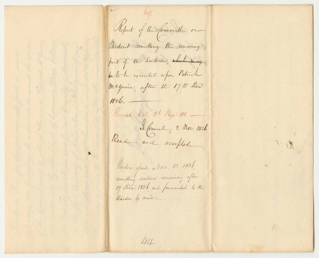 Miniature of Report 607: Report Remitting the Remaining Part of the Sentence to be Executed Upon Patrick McGuire After December 17, 1826