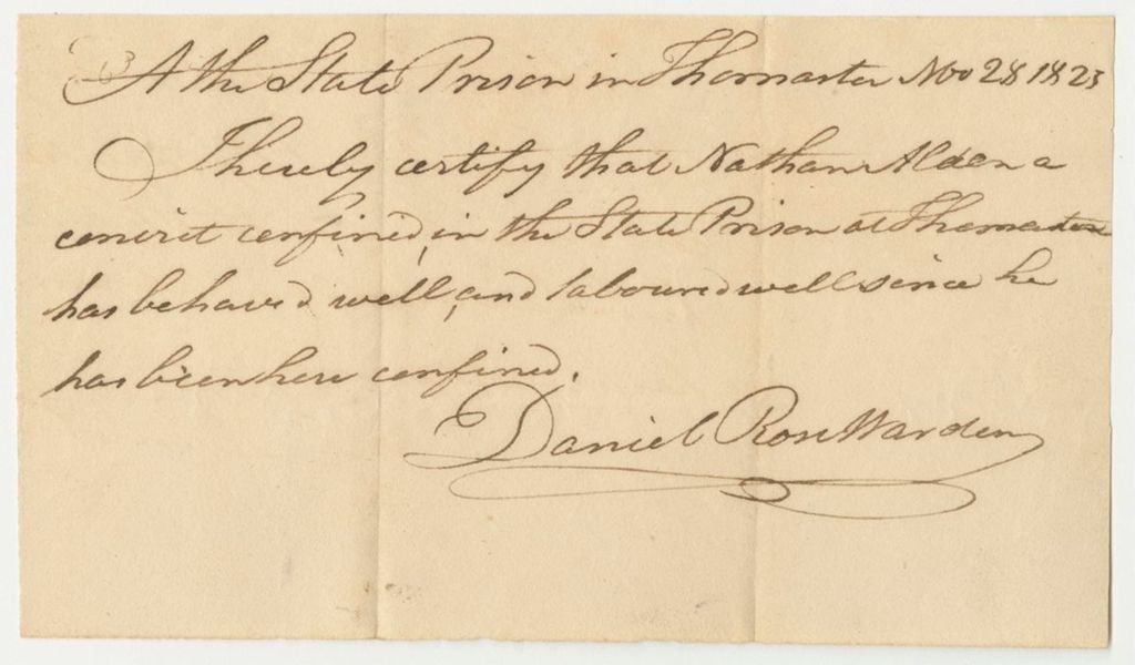 Miniature of Warden Daniel Rose Certification of the Conduct of Nathan Alden in Prison