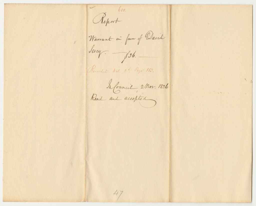 Miniature of Report 610: Report on the Warrant in Favor of David Sevey for a Pension