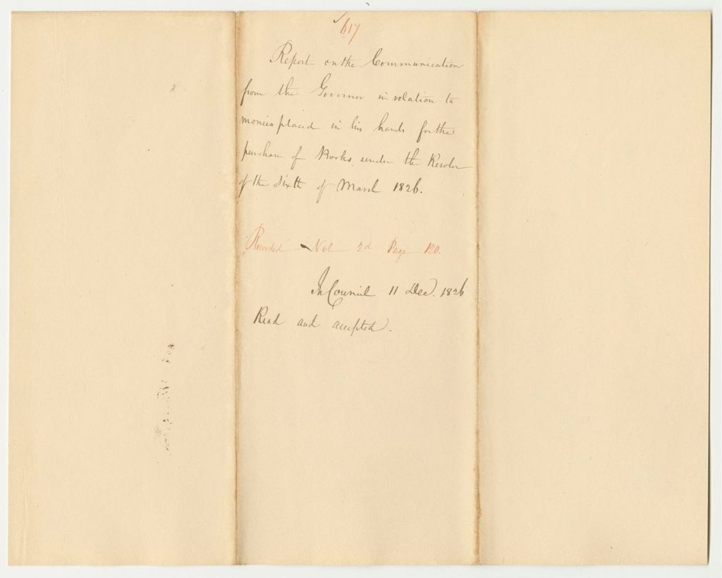 Miniature of Report 617: Report on the Communication from the Governor in Relation to Monies Placed in His Hands for the Purchase of Books