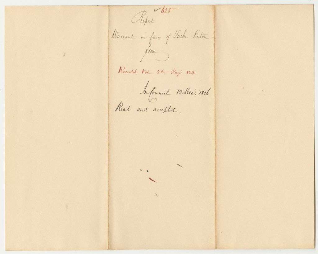 Miniature of Report 625: Report on the Warrant in Favor of Luther Eaton, Agent for the State Road Near Passadunkeag