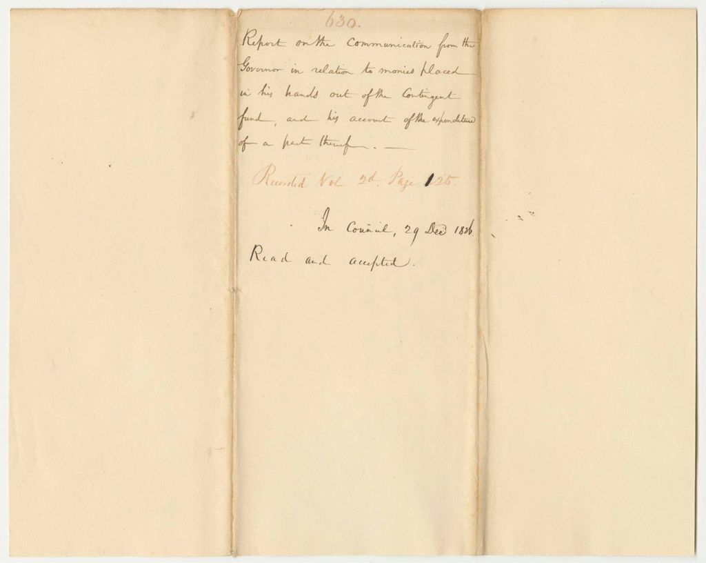 Miniature of Report 630: Report on the Communication from the Governor in Relation to Monies from the Contingent Fund, and His Account of the Expenditure of a Part Thereof