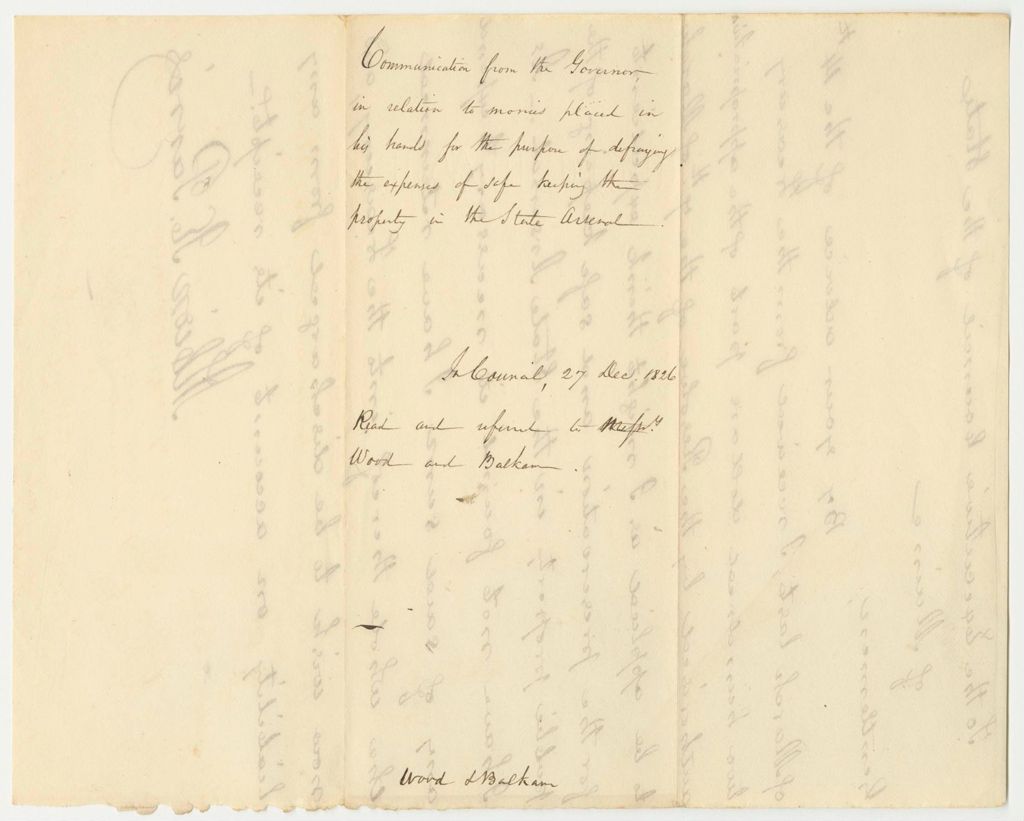 Miniature of Communication from the Governor in Relation to Funds to Defray Expenses of Safekeeping Property in the State Arsenal