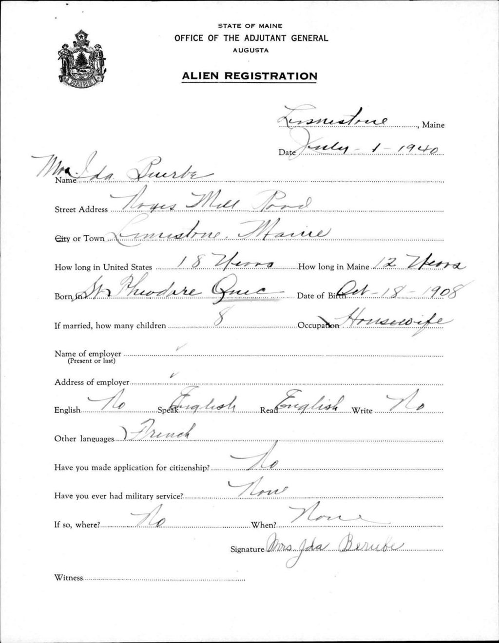 Miniature of Alien Registration- Berube, Ida (Limestone, Aroostook County)