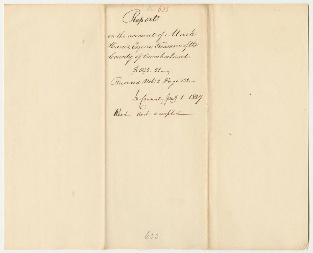 Miniature of Report 633: Report on the Account of Mark Harris, Esq., Treasurer of Cumberland County