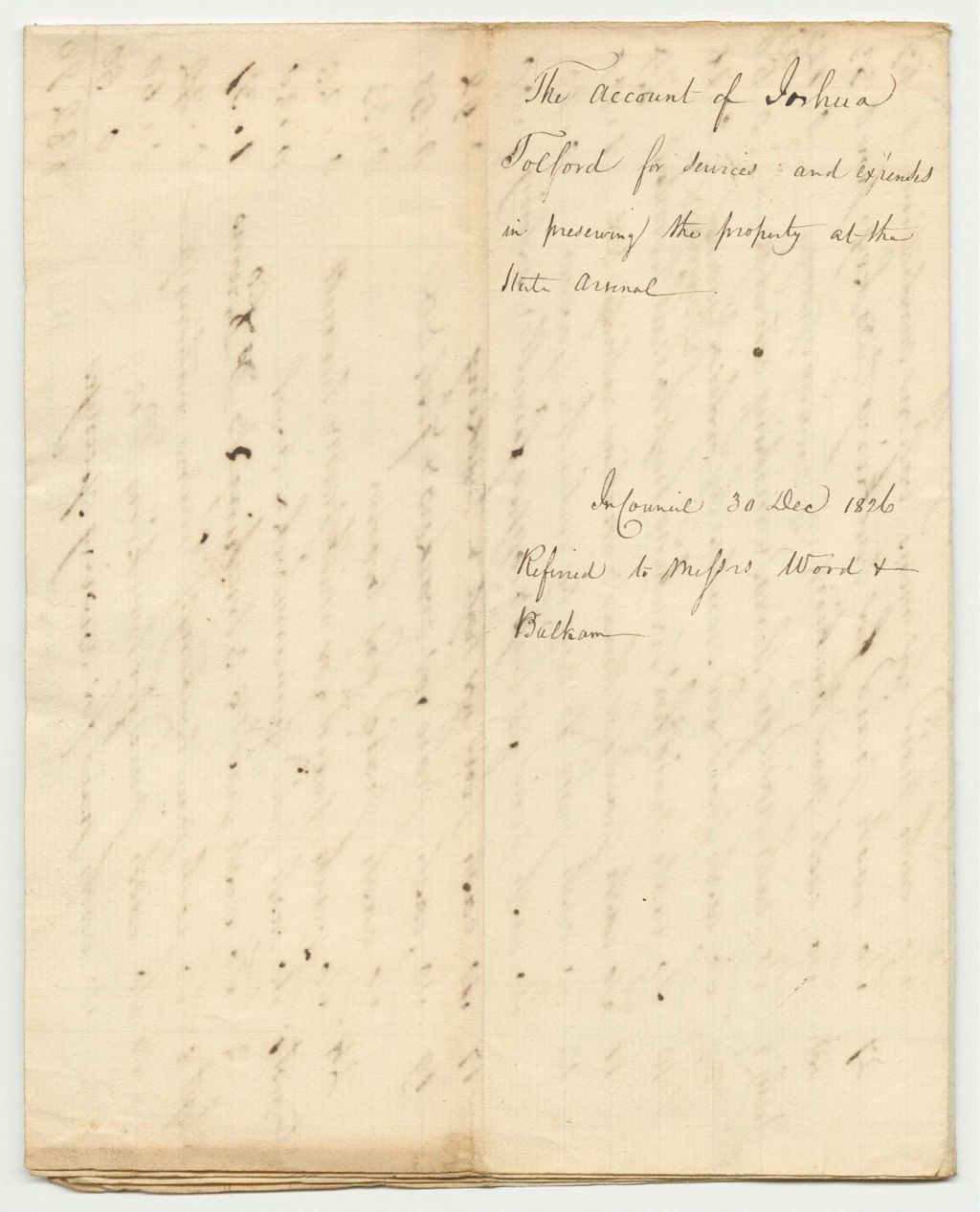 Miniature of Account of Joshua Tolford for Services and Expenses in Preserving the Public Property in the State Arsenal