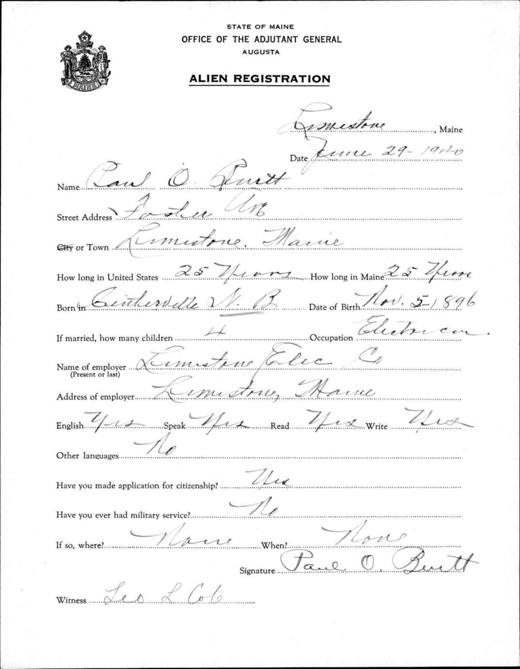 Miniature of Alien Registration- Burtt, Paul O. (Limestone, Aroostook County)