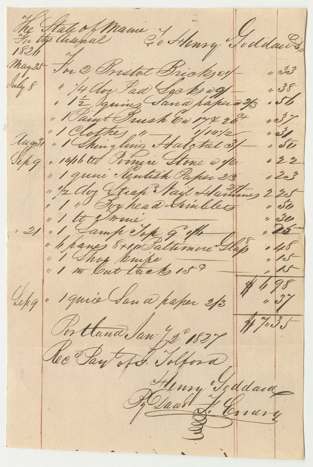 Miniature of Henry Goddard Bill for Paint and Hardware