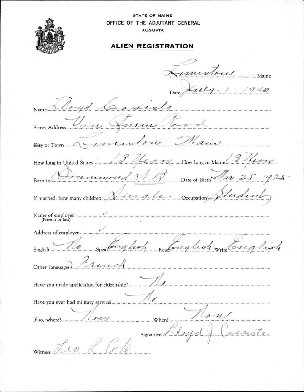 Miniature of Alien Registration- Cassista, Lloyd J. (Limestone, Aroostook County)