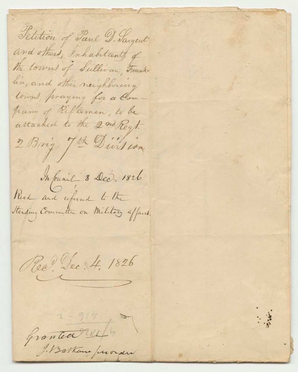 Miniature of Paul D. Sargent and Others of the Towns of Sullivan and Franklin and Other Neighboring Towns for a Company of Riflemen to be Attached to the 2nd Regiment 2nd Brigade 7th Division