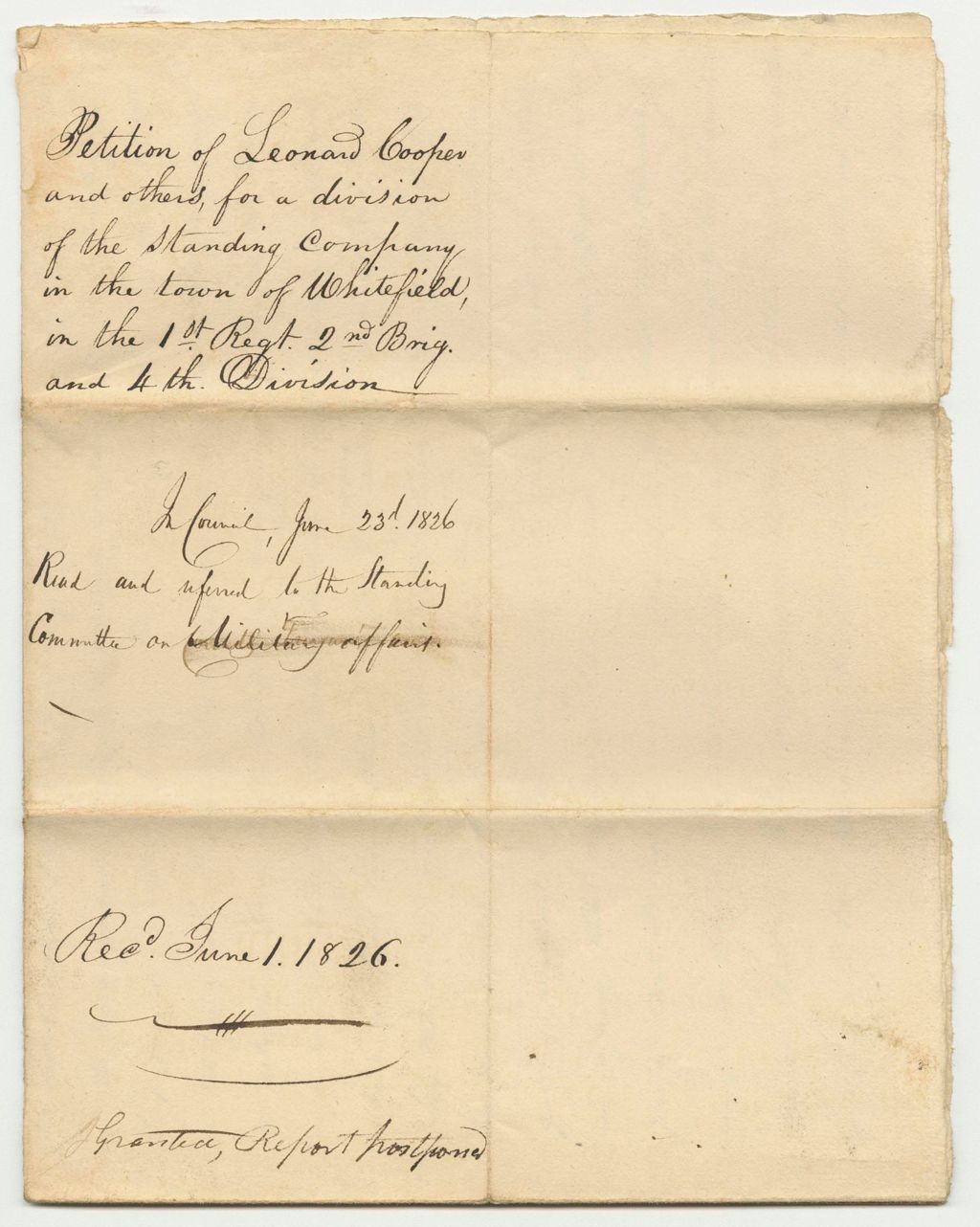 Miniature of Petition of Leonard Cooper and Others for a Division of the Standing Company in the Town of Whitefield, in the 1st Regiment 2nd Brigade and 4th Division
