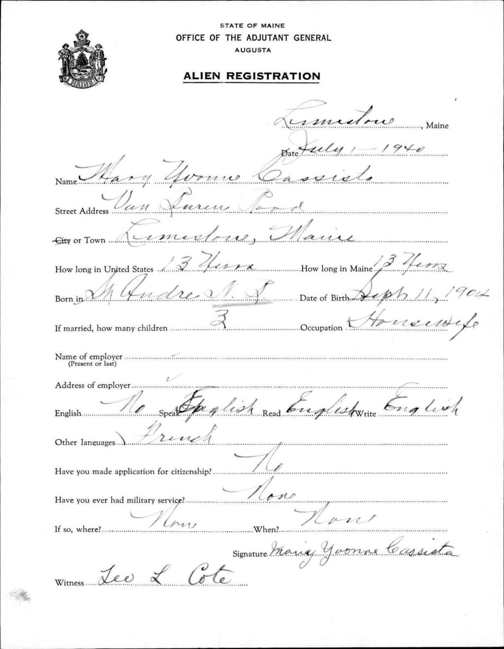 Miniature of Alien Registration- Cassista, Mary Y. (Limestone, Aroostook County)
