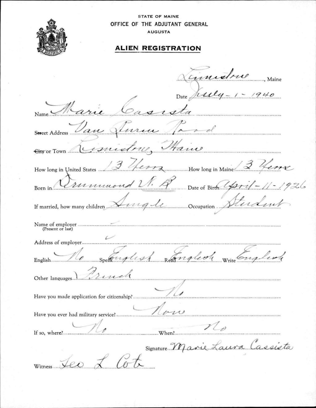 Miniature of Alien Registration- Cassista, Marie L. (Limestone, Aroostook County)