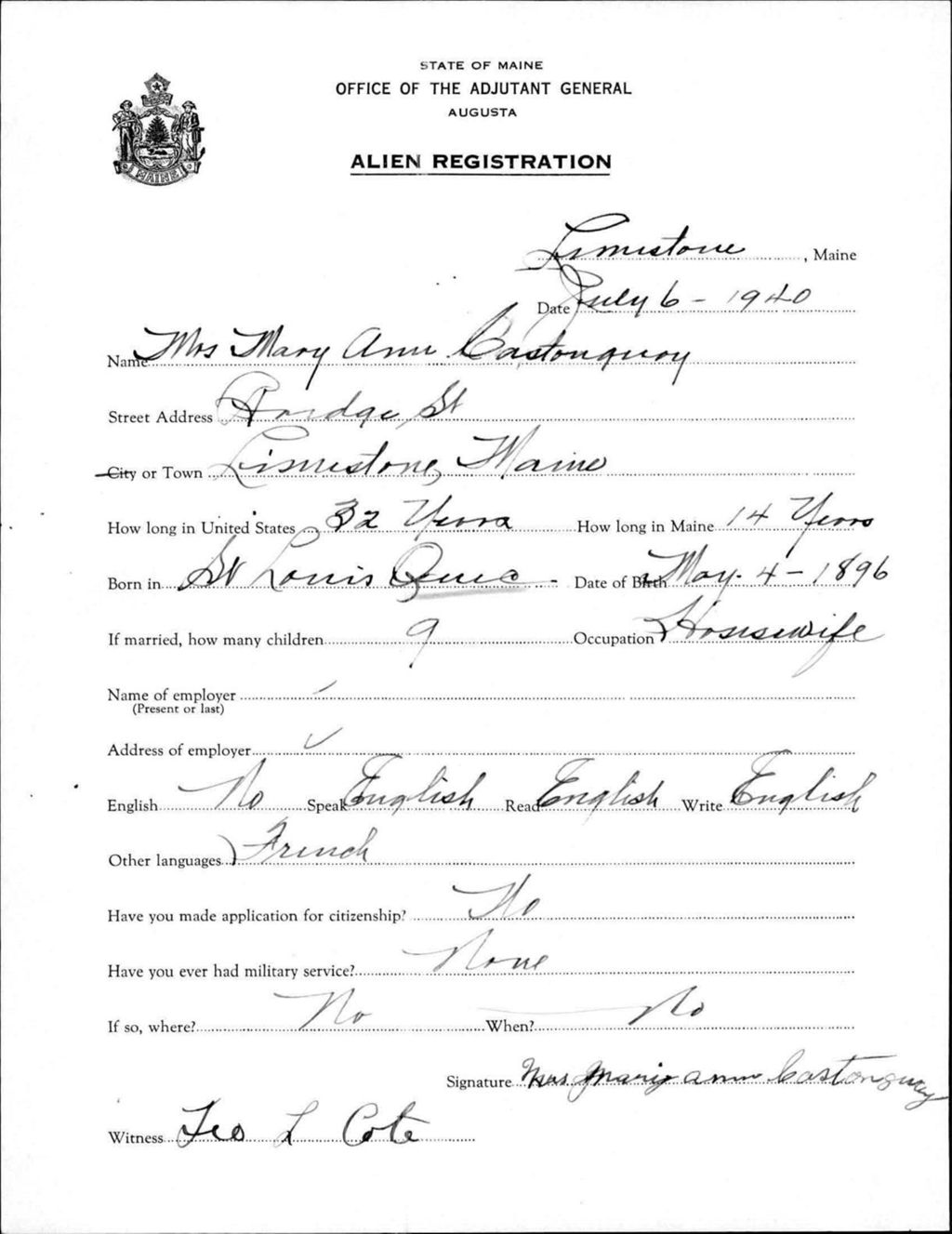 Miniature of Alien Registration- Castonguay, Mary Ann (Limestone, Aroostook County)