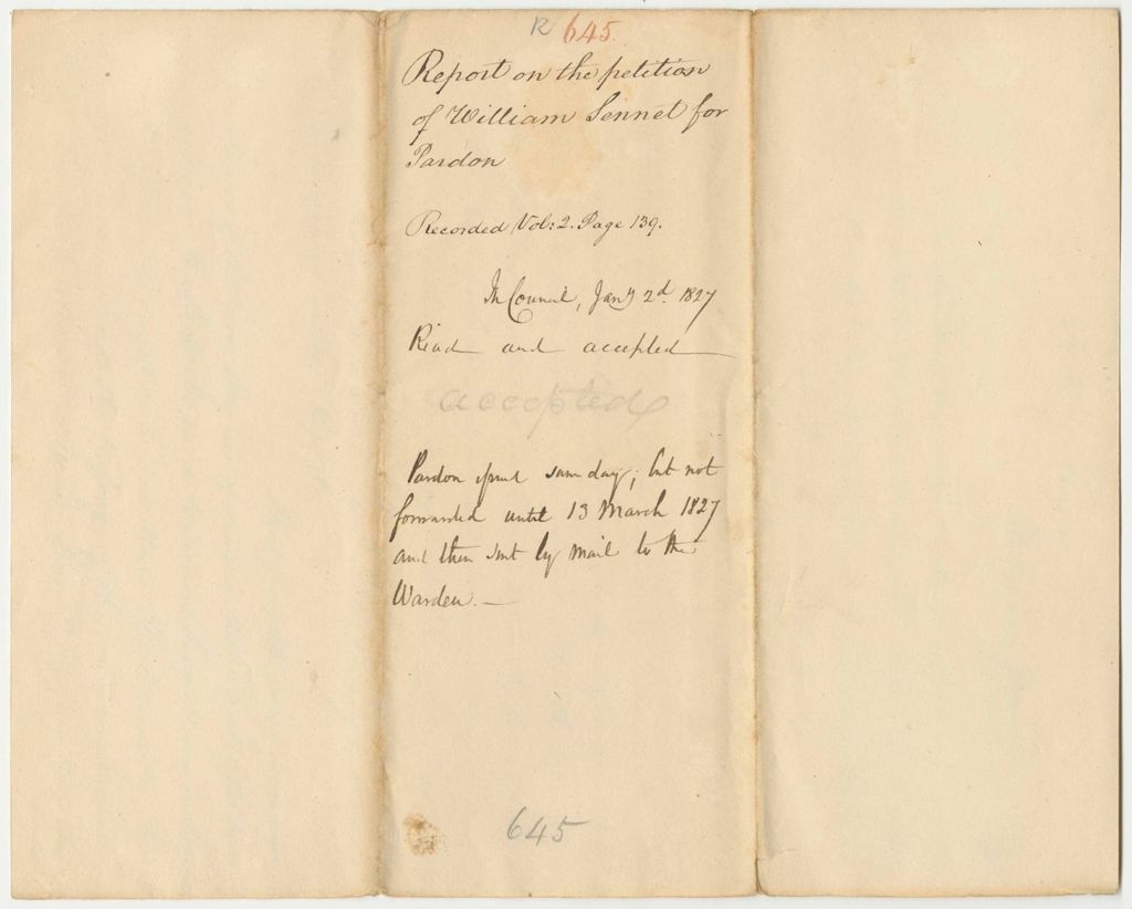 Miniature of Report 645: Report on the Petition of William Sennet for a Pardon