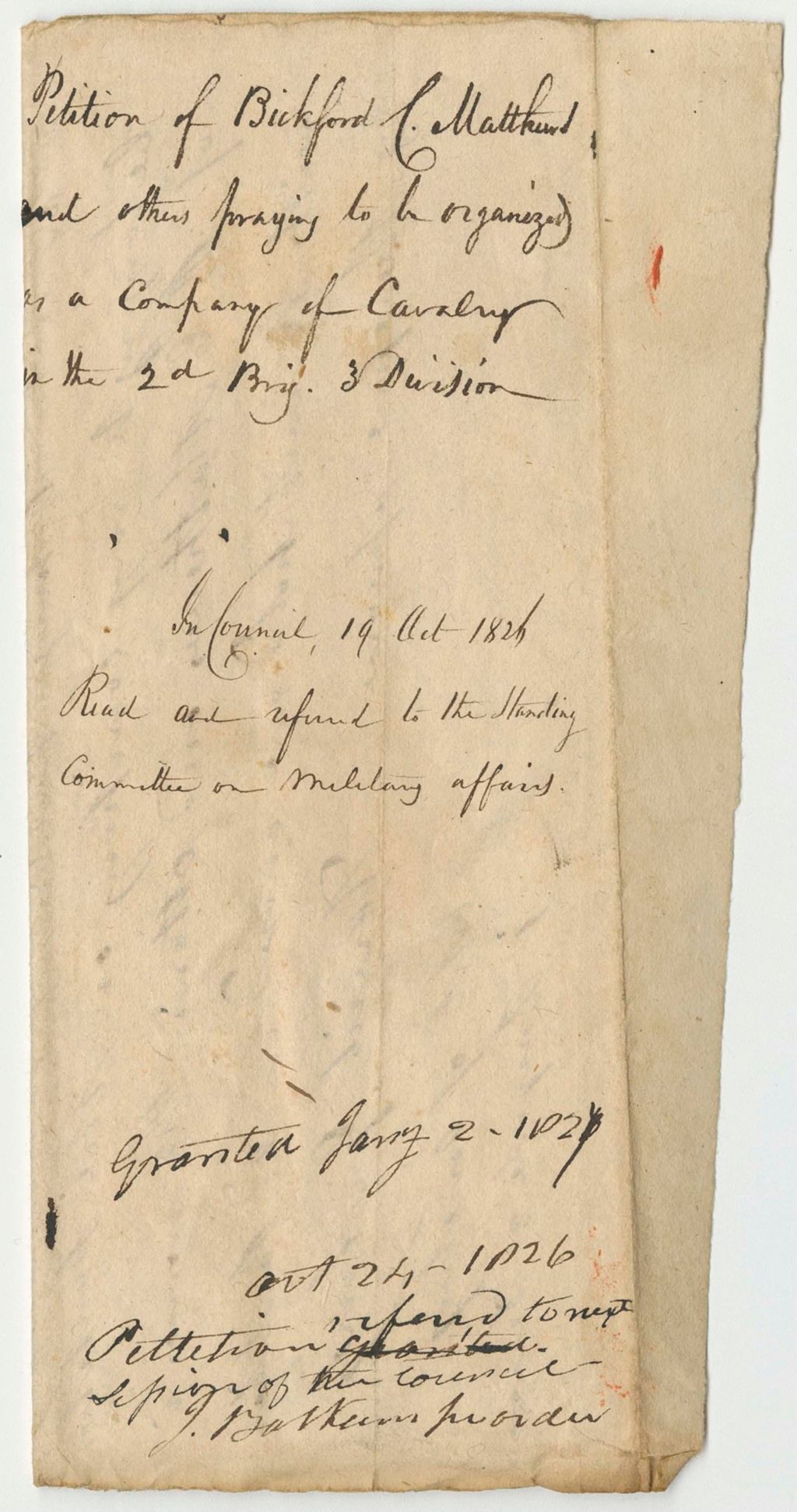 Miniature of Petition of Bickford C. Matthews and Others Praying to be Organized as a Company of Cavalry