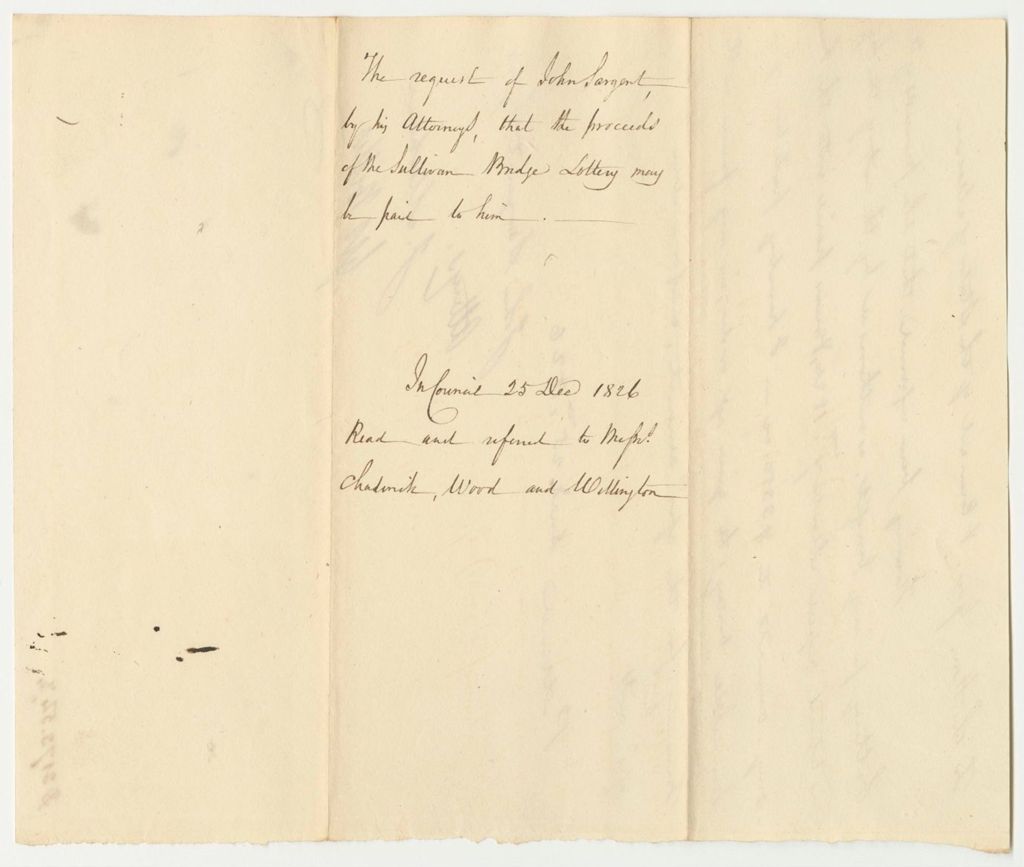 Miniature of Request of John Sargent by His Attorneys that the Proceeds of the Sullivan Bridge Lottery May Be Paid to Him