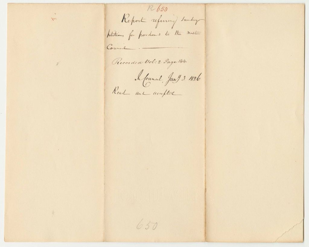 Miniature of Report 650: Report Referring Sundry Petitions for Pardons to the Next Council