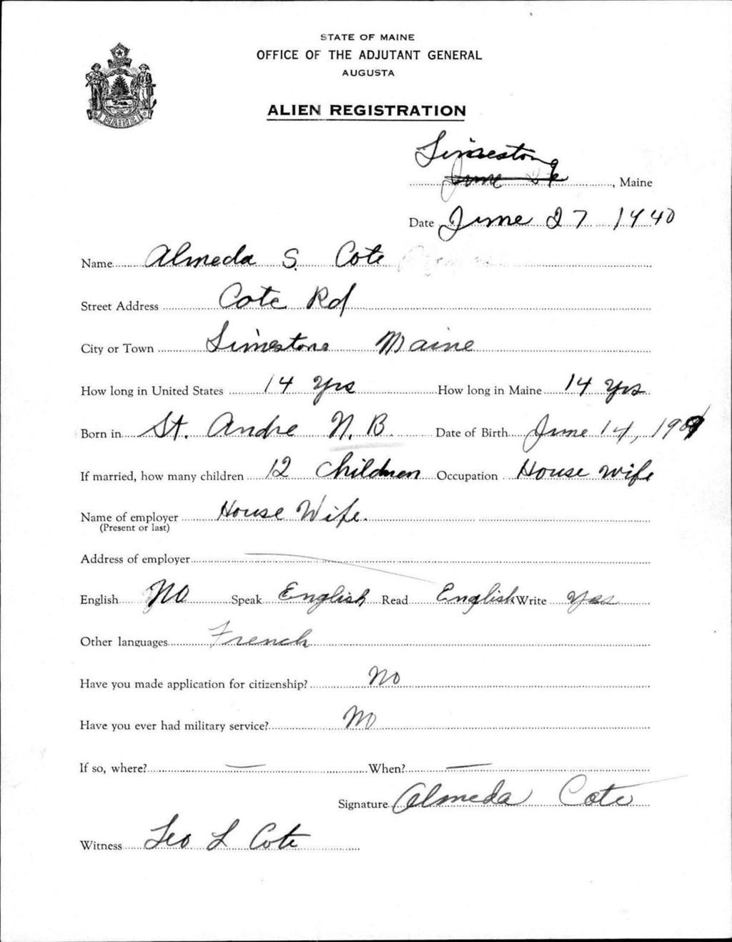Miniature of Alien Registration- Cote, Almeda S. (Limestone, Aroostook County)