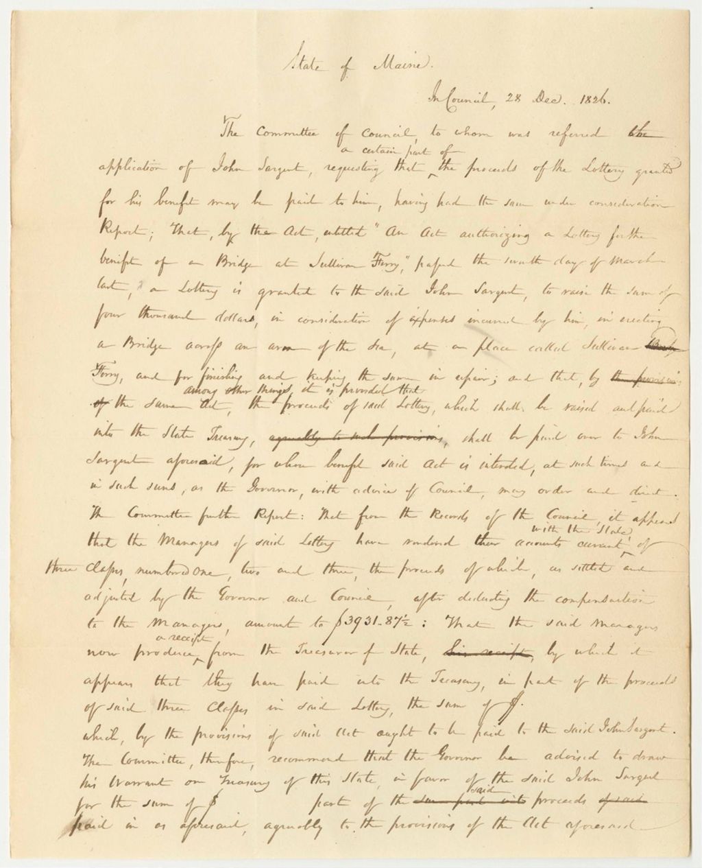 Miniature of 1826 Report on the Application of John Sargent