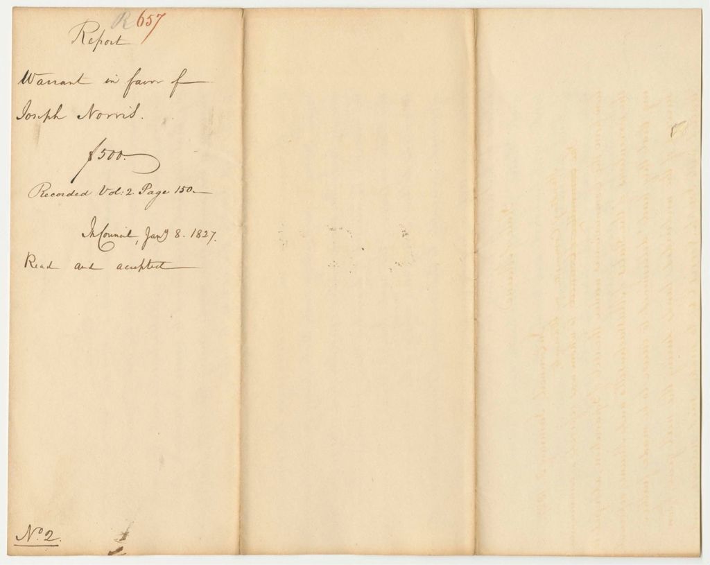 Miniature of Report 657: Report on the Warrant in Favor of Joseph Norris for Surveys