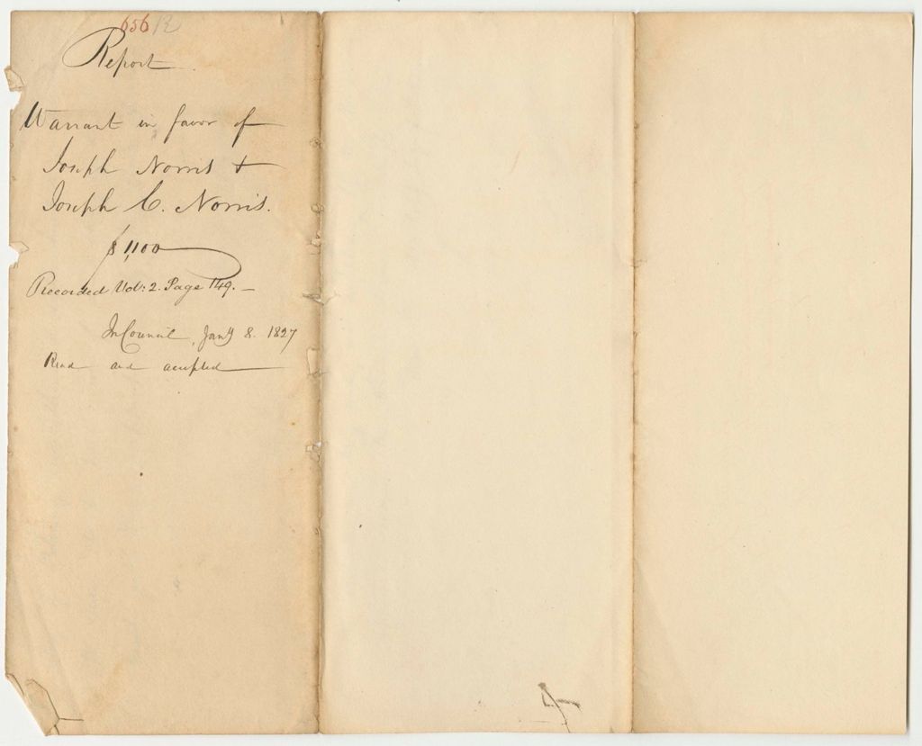 Miniature of Report 656: Report on the Warrant in Favor of Joseph Norris and Joseph C. Norris for Surveying in 1826