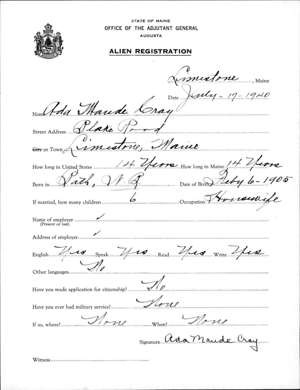 Miniature of Alien Registration- Cray, Ada M. (Limestone, Aroostook County)