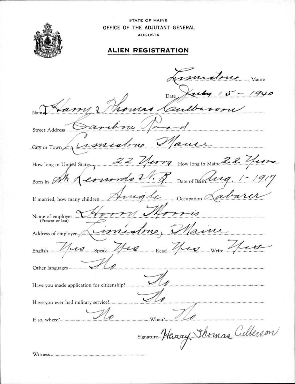 Miniature of Alien Registration- Culberson, Harry T. (Limestone, Aroostook County)