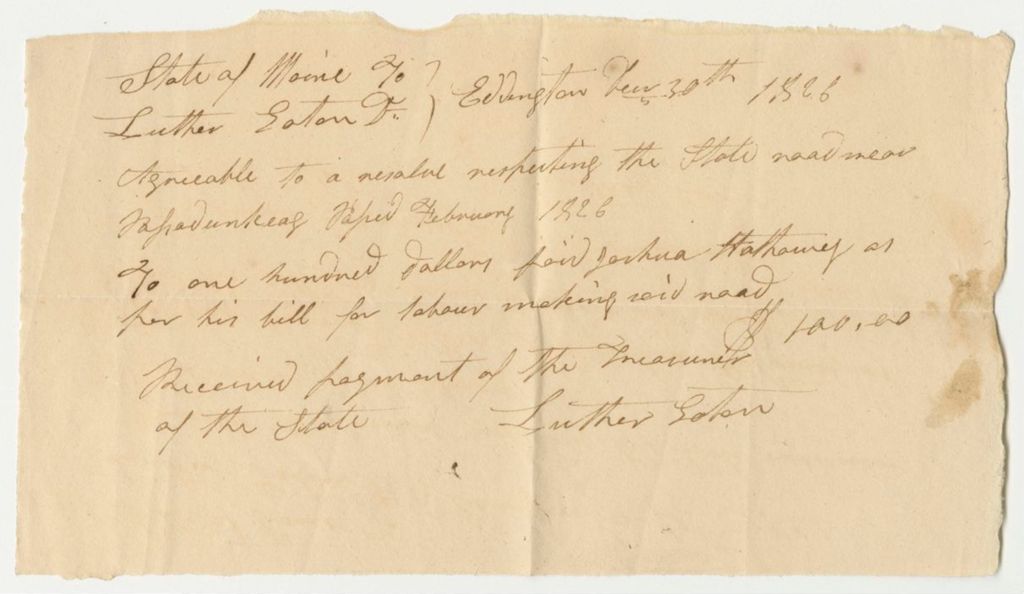 Miniature of Luther Eaton's Receipts for Labor on the Passadunkeag Road