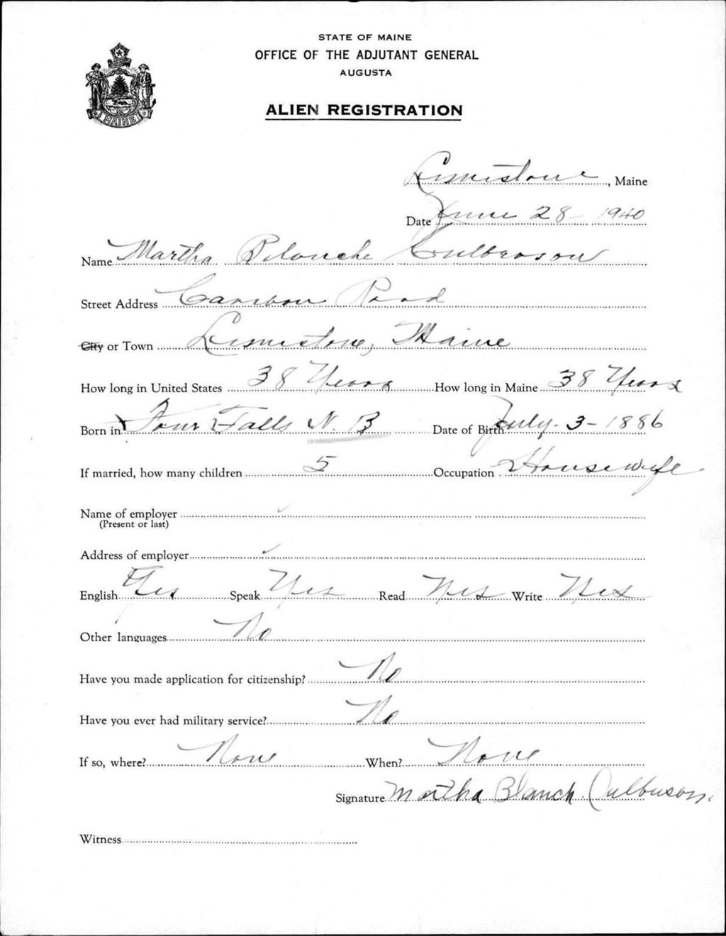 Miniature of Alien Registration- Culberson, Martha B. (Limestone, Aroostook County)