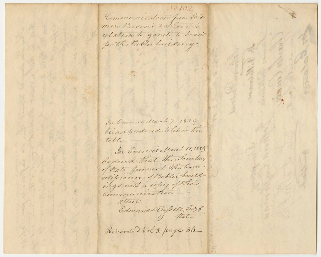 Miniature of Report 102: Communication from Solomon Parsons and Others in Relation to Granite to be Used for the Public Buildings