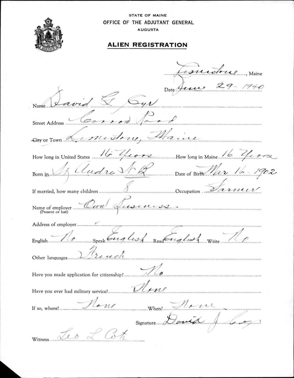 Miniature of Alien Registration- Cyr, David G. (Limestone, Aroostook County)