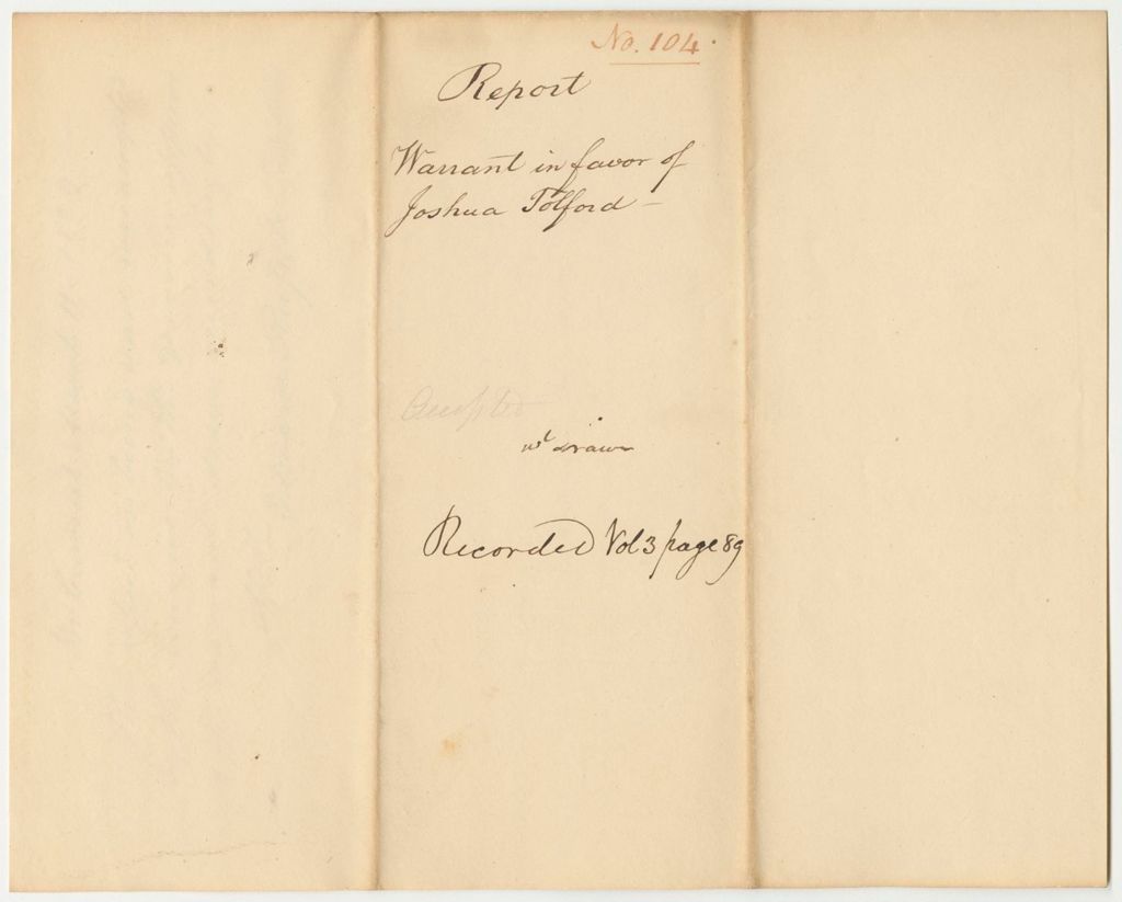 Miniature of Report 104: Report on the Warrant in Favor of Joshua Tolford for Safe Keeping the Public Property at the State Arsenal