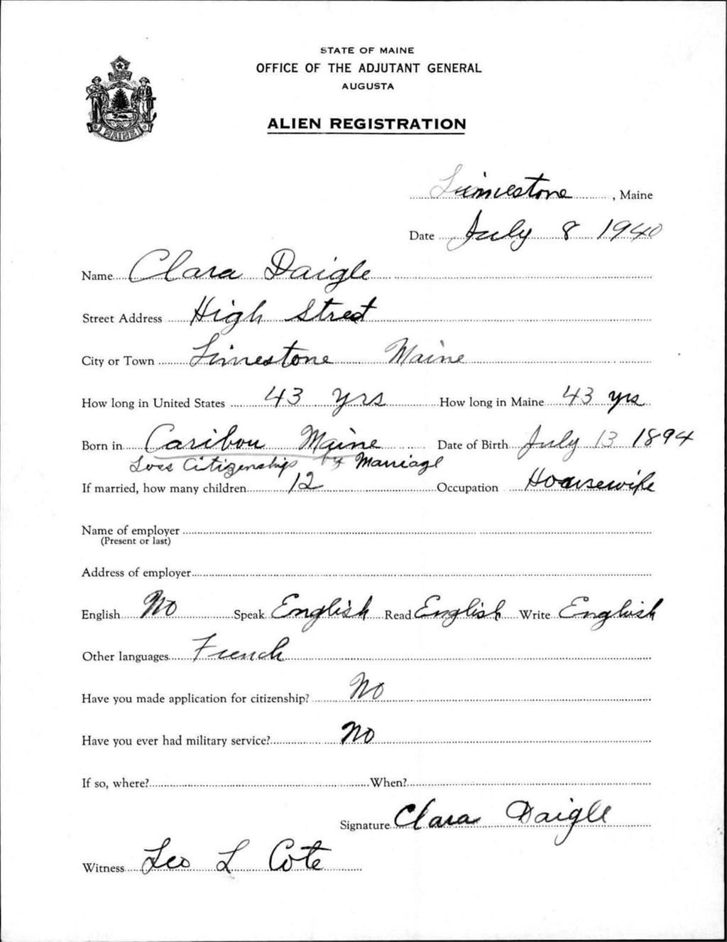 Miniature of Alien Registration- Daigle, Clara (Limestone, Aroostook County)