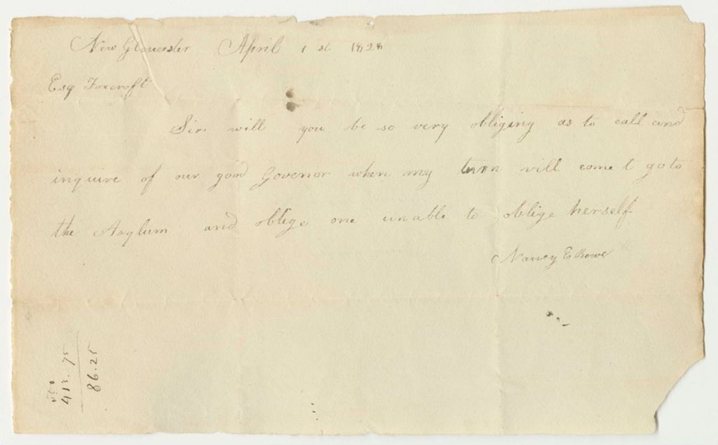 Miniature of Letter from Nancy E. Rowe, to Col. Joseph E. Foxcroft, Asking When She Will Go to the Asylum in Hartford