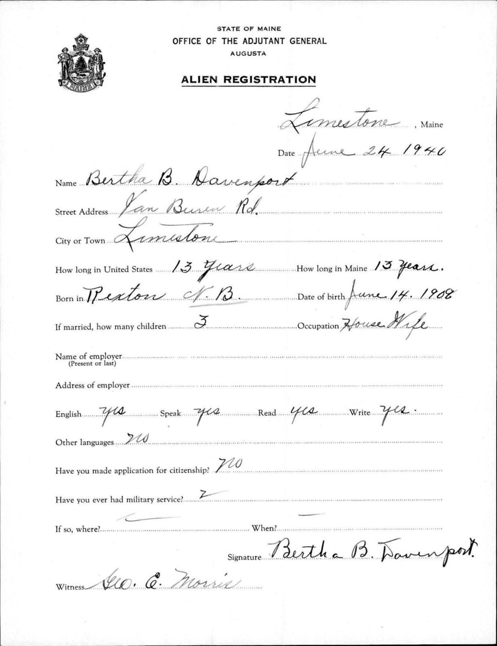 Miniature of Alien Registration- Davenport, Bertha B. (Limestone, Aroostook County)